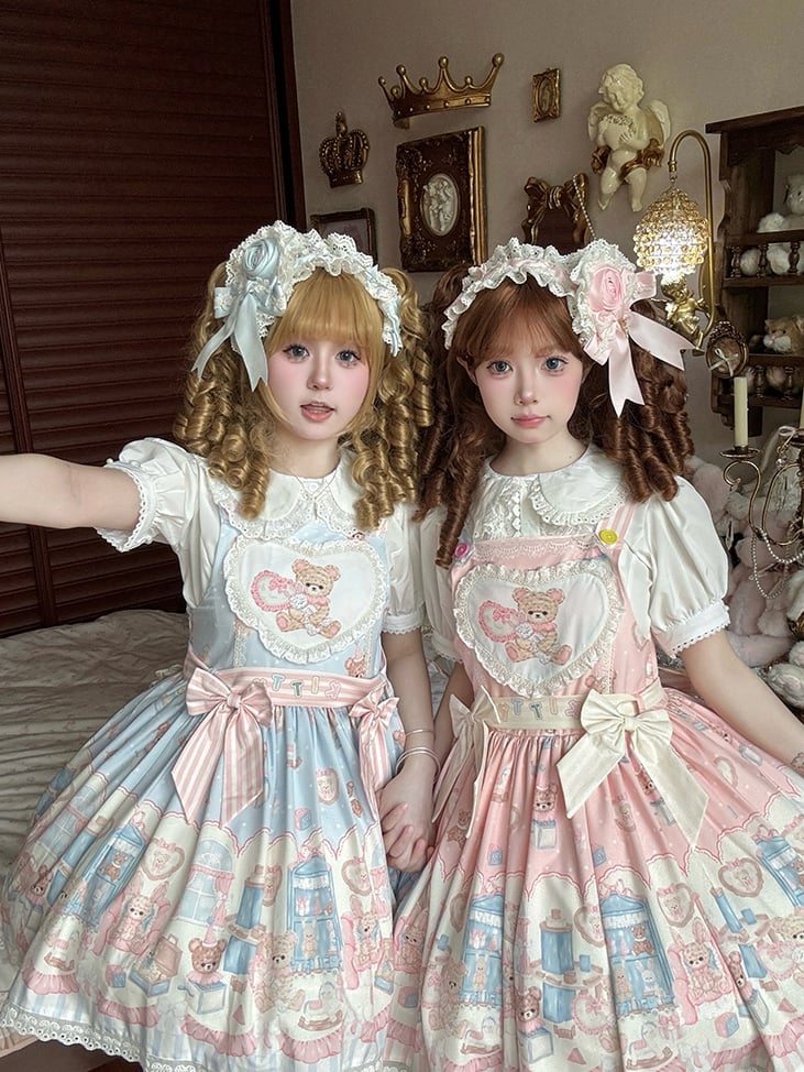 Print Overall Plush Toy Teddy Sweet Blue Dress Bunny Lolita and