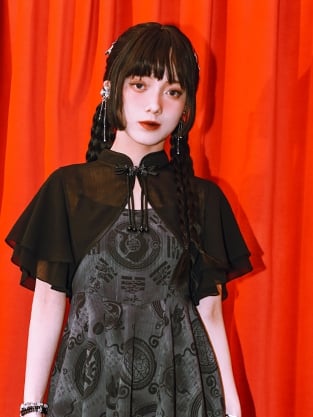 Top Black Double-layered Collar Banded Style Flounce Sleeves Cropped Cheongsam