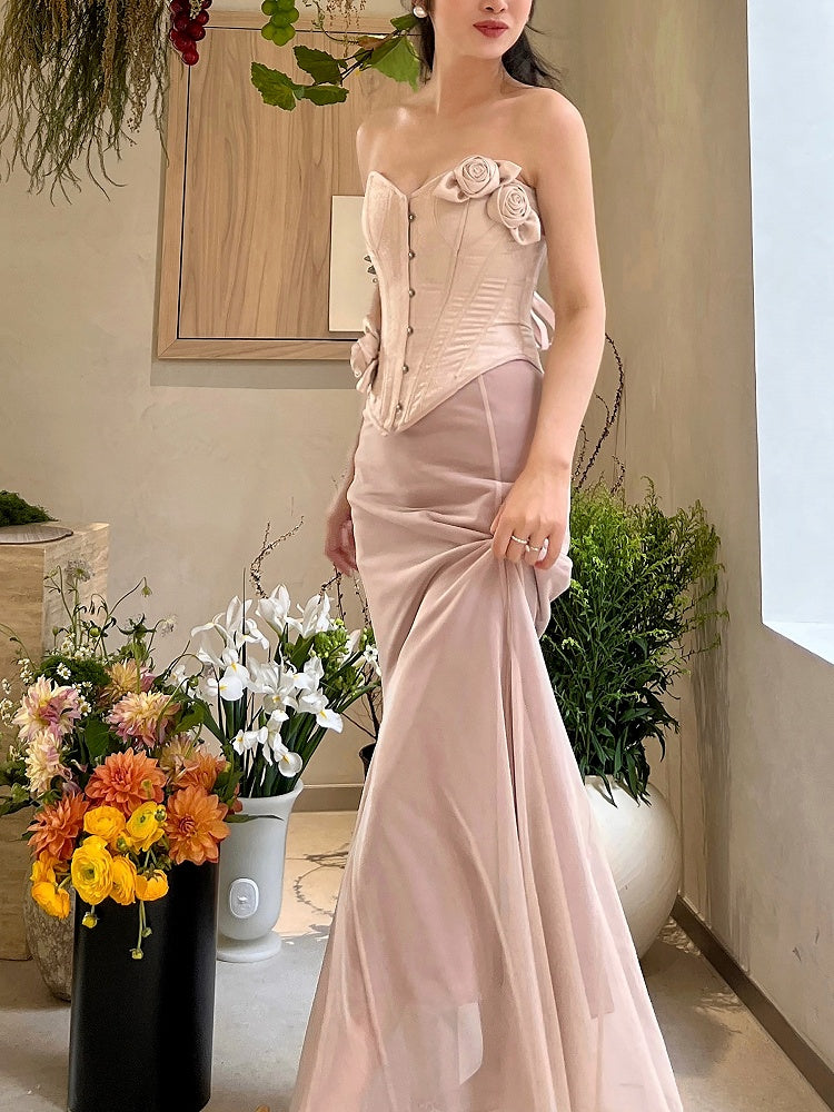 Nude Pink Vintage Bustier Flowers Satin Boned Corset Top