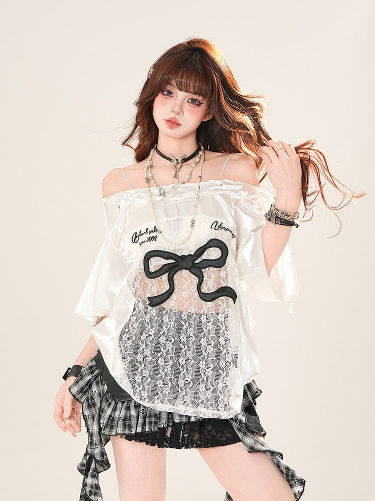 Black/White Big Off-the-shoulder T-shirt Lace Bow Patches Print Waist