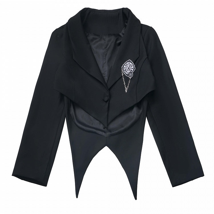 Blazer with Detachable Butterfly Clock Brooch Black Cropped Curved Hem Preppy