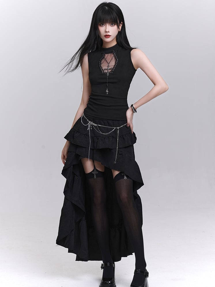 Necklace Tank Top Cross Coffin-Shaped Cutout Black with Studded Free