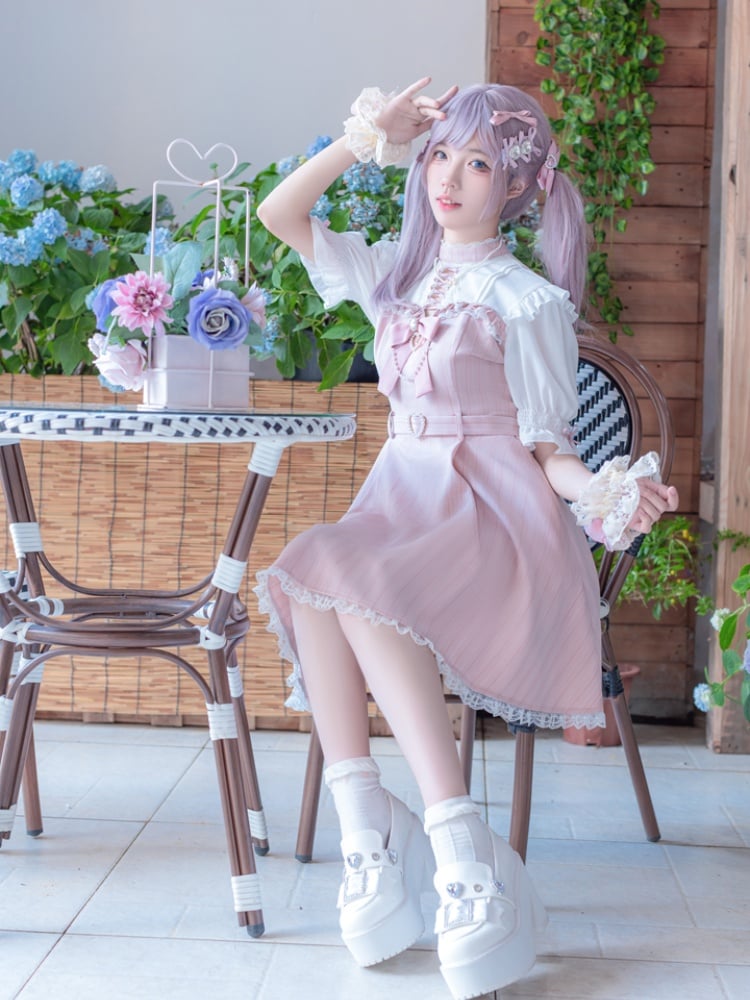 Design Lace Trim Pink Striped Criss-cross Kei Dress with Detachable Neckline Bow Jirai