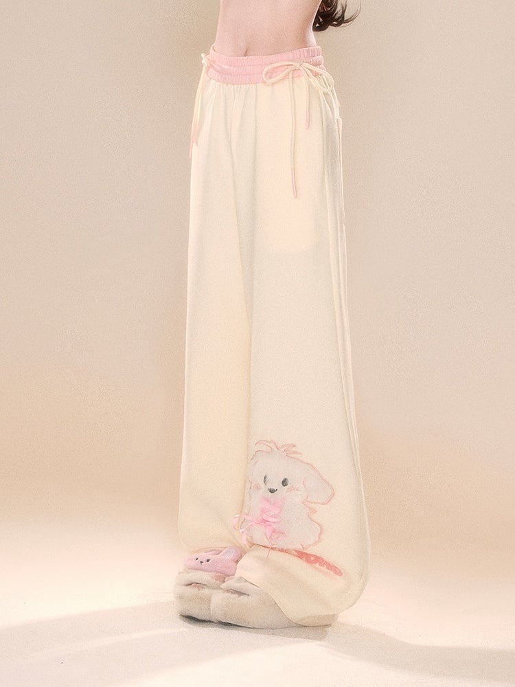 Beige Wide-Leg Pants with Pink Waistband and Embroidered Puppy Design