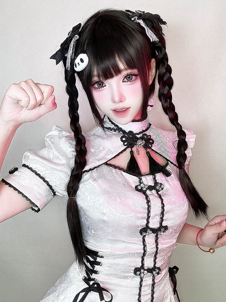 Braided Short Bangs Wig + Ponytail Black 55CM Claw 30CM Clips Full Straight Double With
