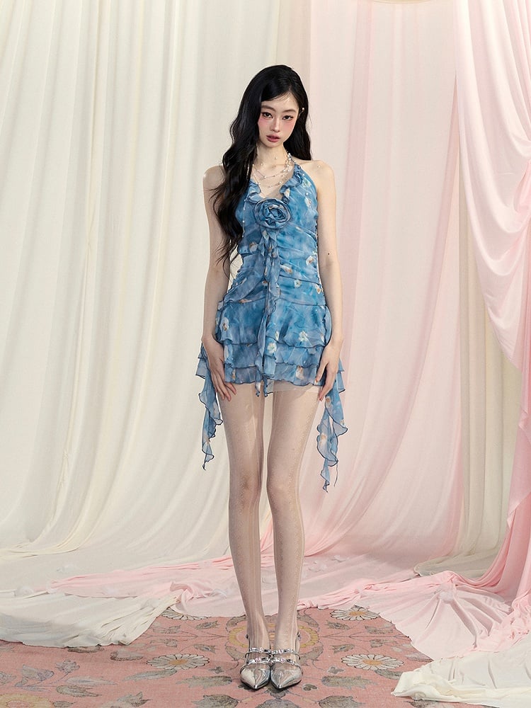 Mini Dress Blue Halter Neck Oil Painting Floral Cascading Ruffle Accents