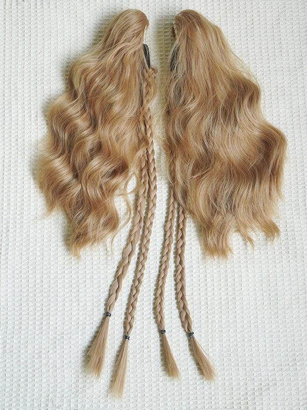 Blonde Bob Cut Short Wig With Bangs+Double Wavy Ponytail Claw Clips