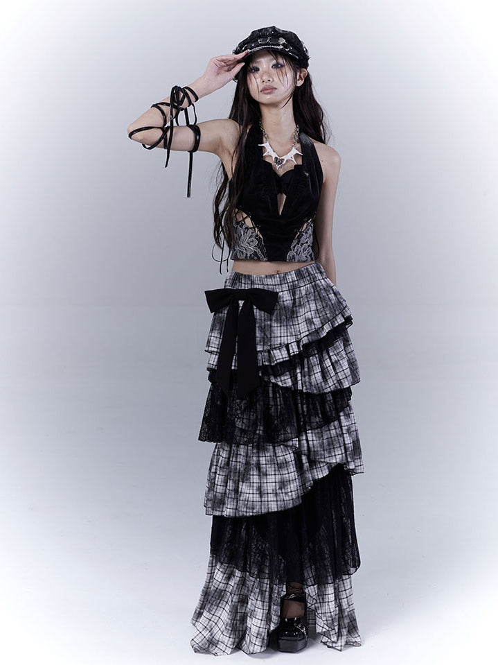 Regular/Long Version Asymmetrical Tiered Plaid Skirt Black Punk
