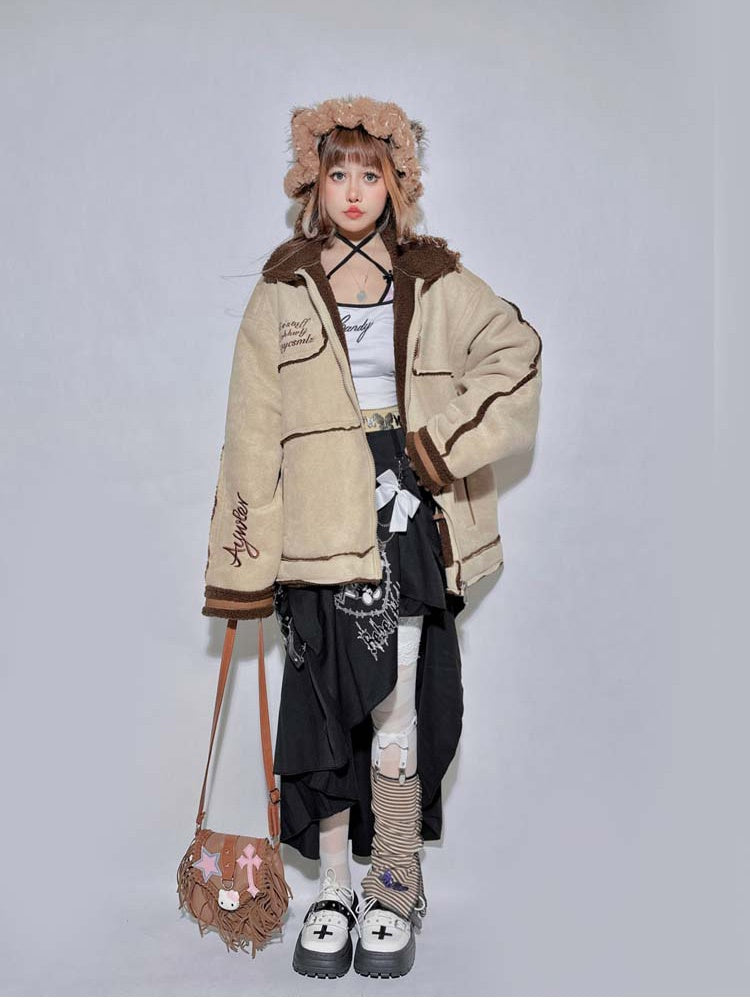Khaki Letter Contrast Trim Oversized Jacket