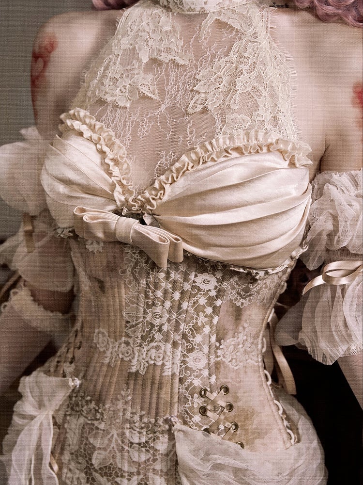 Neck Rococo Top Accents Cascading Detachable Illusion Ruffle Halter Corset with Lace