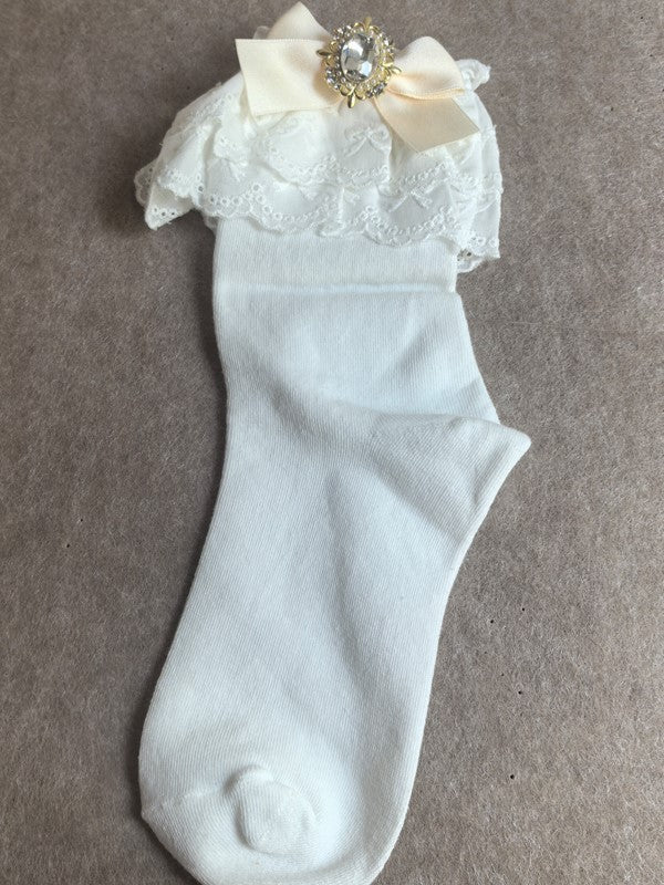 White Calf Ruffled Jirai Cuff Kei Bowknot Pink/Blue/Purple/White/Black/Beige Socks With Details