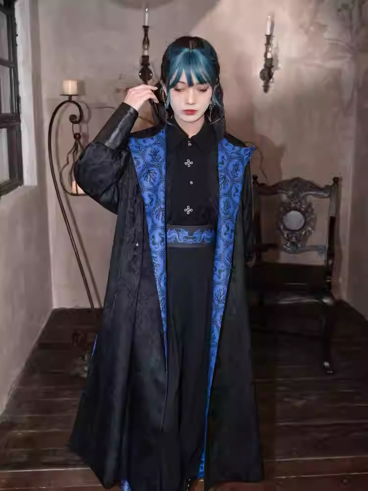 Cheongsam Style Long Coat Print and Blue Coral Black Jacquard Seahorses Reversible