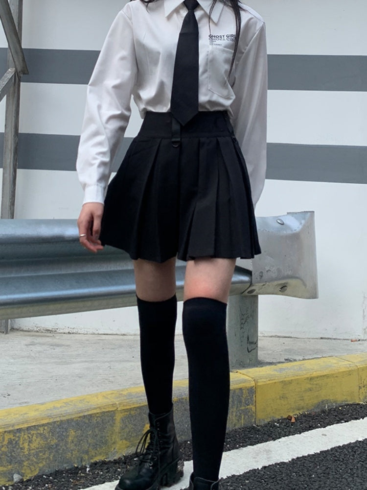 Black High Waist Box Pleat Overall Skirt