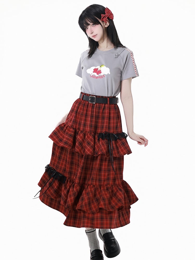 Red Plaid Bowknot Tiered Skirt with Buckle Belt Details