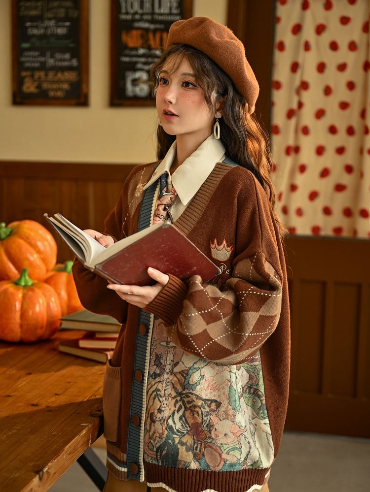 Bunny Daisies Embroidery Cardigan Brown and
