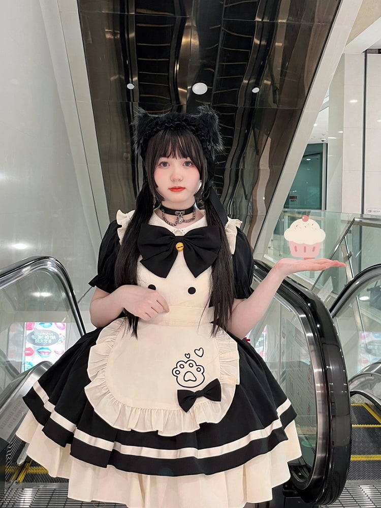Embroidery Paw Kitty White Maid Apron Dress Sweet and Black Lolita