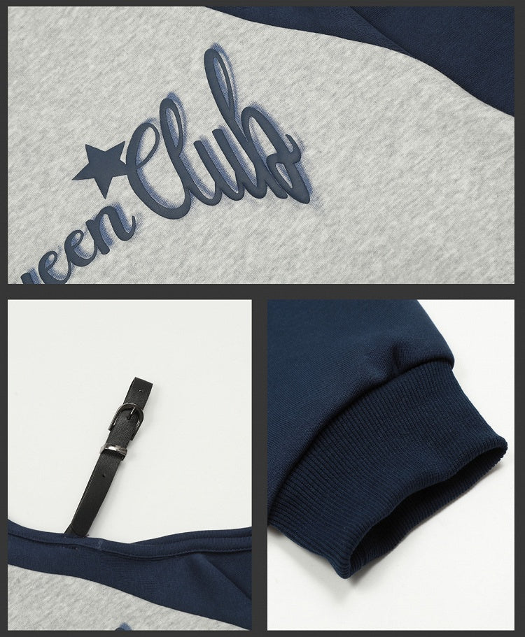 Red/Blue Letters Print Colorblock Design Cutout Shoulder Hoodie