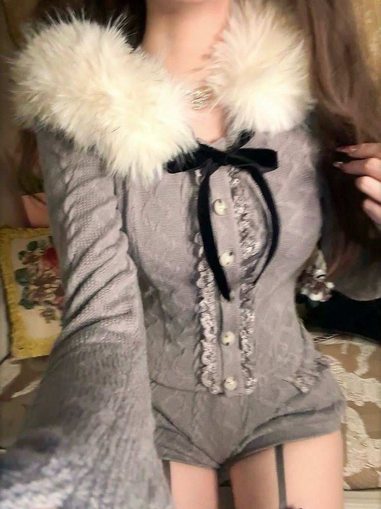 Fur With Hoodie Collar Detail Cardigan Black Gray Knit Faux Bow
