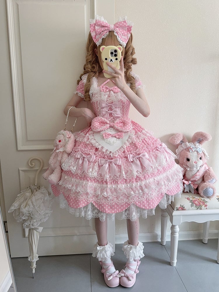 Dress Bow Lolita Pattern Pink Sleeves School Short Accents Old Sweet Polka Dots