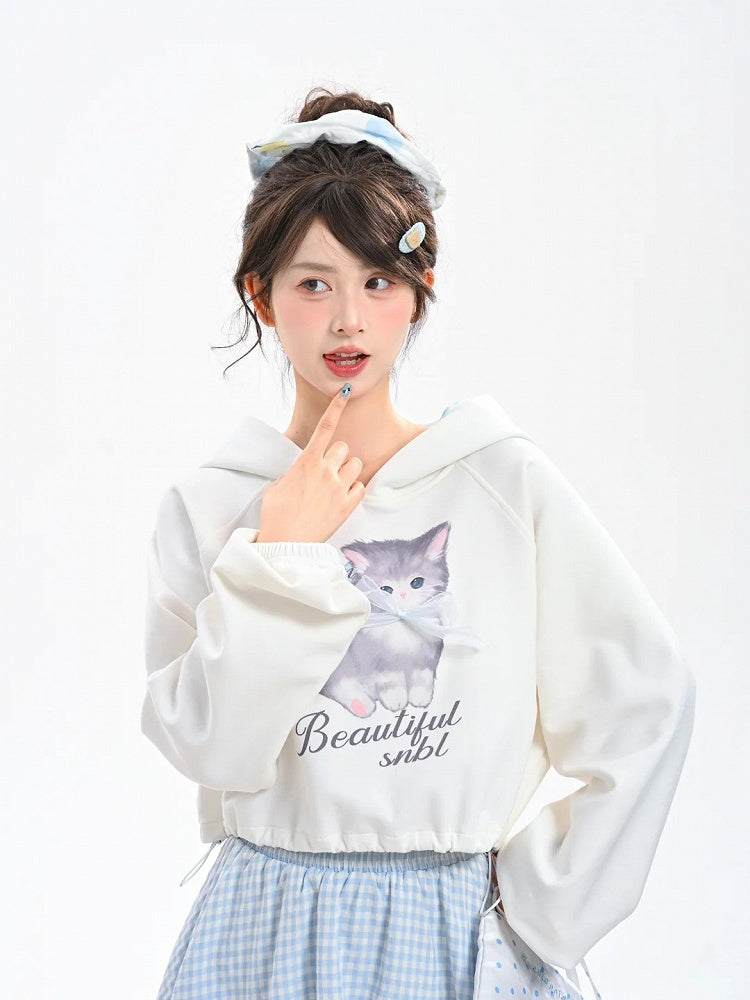 Drucken Kordelzug Saum Blau Hoodie Plaid Entzückende Cartoon Kitty Haube Weiß