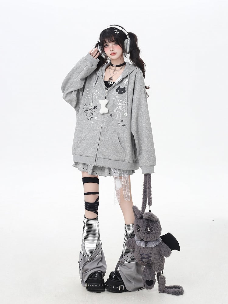 Bone Plushie Schwarz/Grau Zip-up Hoodie mit Kitty Ohren Kapuze und