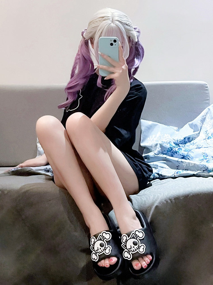 White Gothic Summer and Applique Skeleton Slippers Black