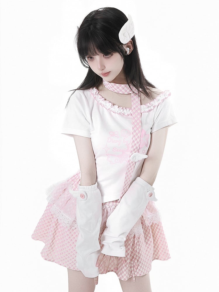 Lace Plaid Trim Skirt Pink/Baby Blue