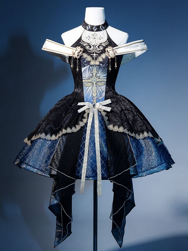 Skirt Gothic Design Cross Off-shoulder and Mock Front Print Jumper Cascading Neck Ruffles
