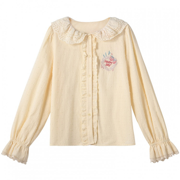 Yume Kawaii Strawberry Cake Embroidered Creamy Yellow Lace Peter Pan Collar Blouse