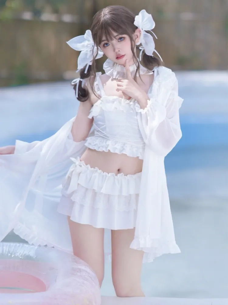 Details Tiered Trim White Bowknot Ruffle Skirt + Top Swimsuit