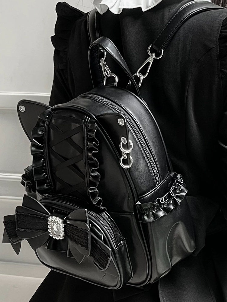 Black Kei Cat Ear Backpack With Beaded and Rhinestone Bow Jirai