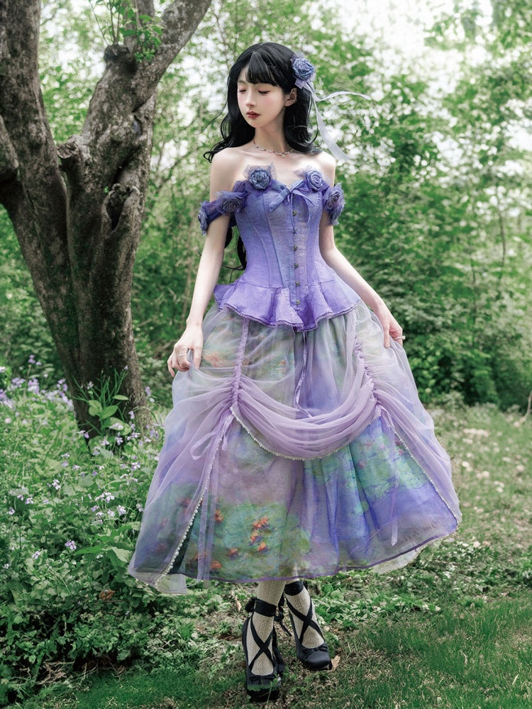 Boned Corset Top with Detachable Floral Adornments Purple Flounce Hem