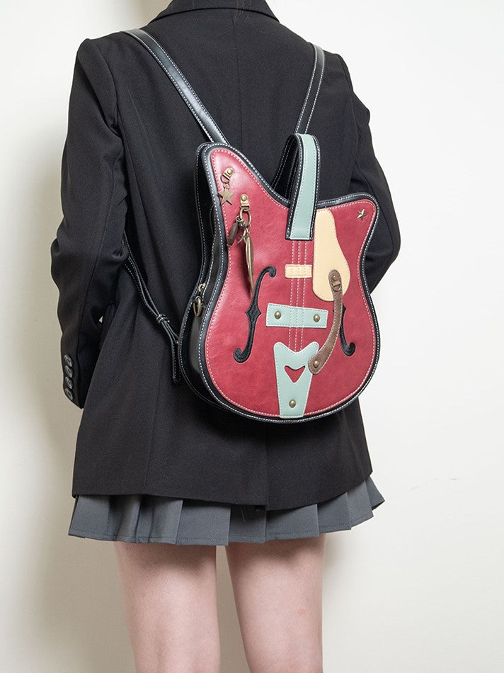 Guitar-Shaped 2-Way Chain Red With Tote Metal Bag Feather Vintage Accents