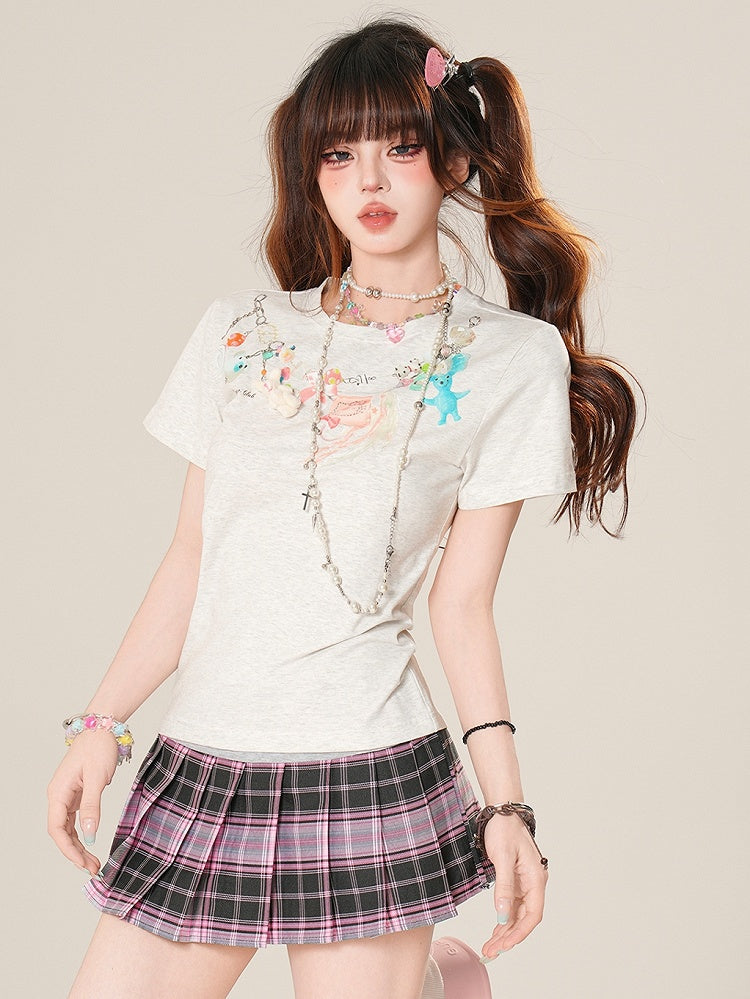 Cartoon T-shirt Print Glamorous Charm Chain Gray