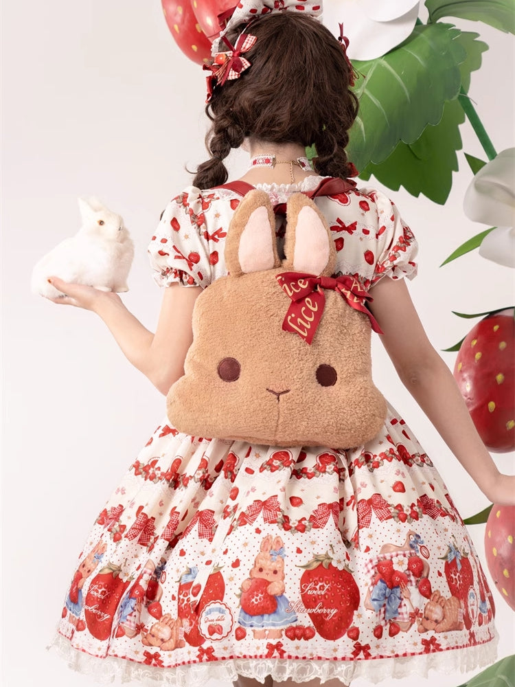 春のイチゴとウサギのプリントレーストリムリボンアクセントベージュスイートドレスロリータワンピース