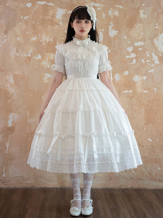 Alle kurzen Edward Lolita Hals Schule altes Kleid Baumwolle weiß Set OP Ärmel