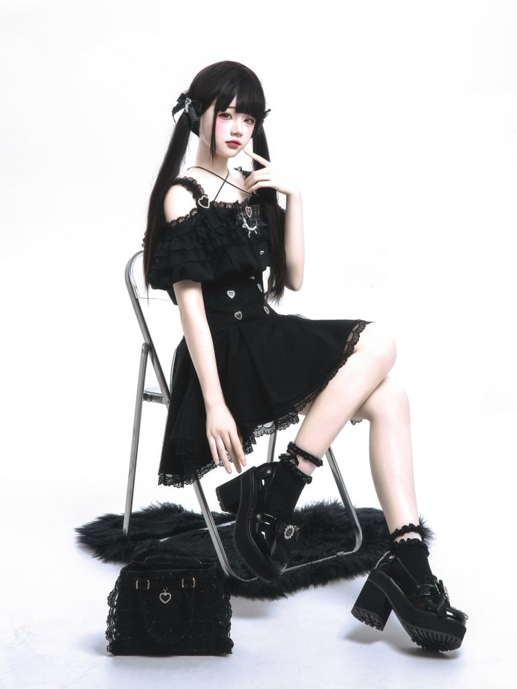 Trim Skirt Buttons Lace Sweetheart with Jirai Kei Black High Waist