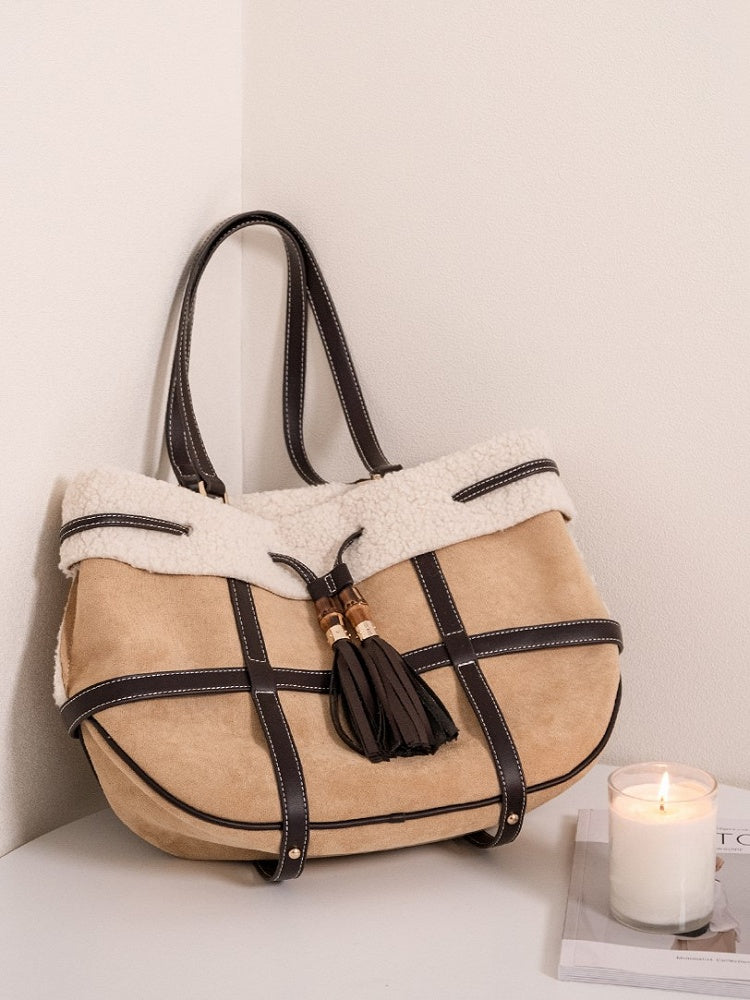 Brown Tote Bag With Vintage Bamboo Knot Accents - Large Capacity Shoulder Bag For Fall And Winter Plush Trim