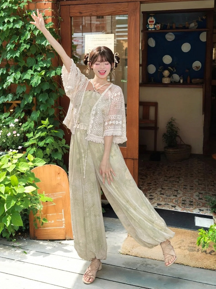 Fringe Hem Holiday Top Light Green Halter Neck Floral Print