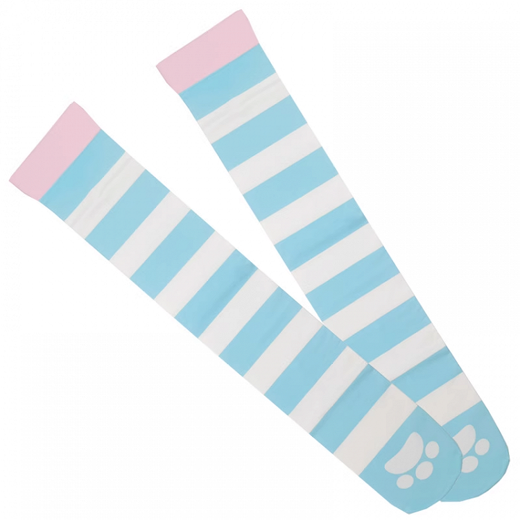 Blue & White Striped Cat Paw Pattern Over Knee Stockings