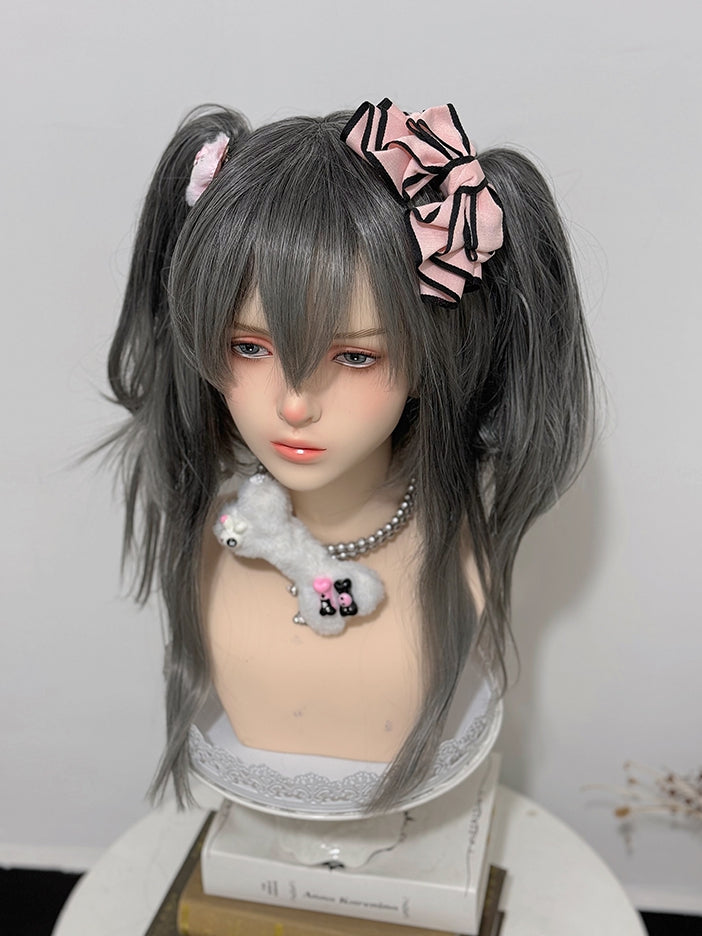 Clips Wig Gray Double Ponytail + 30CM Claw Bangs 38CM Straight Length With Ombre Hair Color