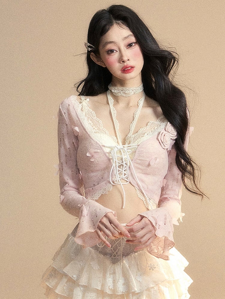Cropped Top Floral Pink Bell Sleeves Butterfly Glamorous and Set With Top Embellished Lace