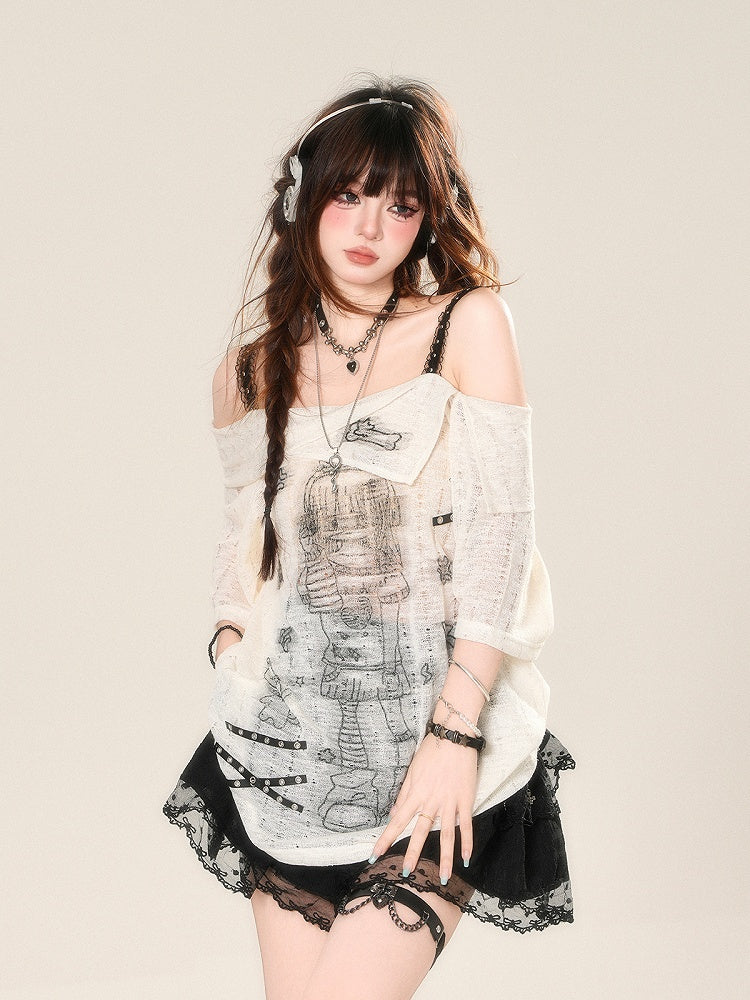 Neckline Anime Girl Print Semi-sheer Lace T-Shirt White Off-the-shoulder
