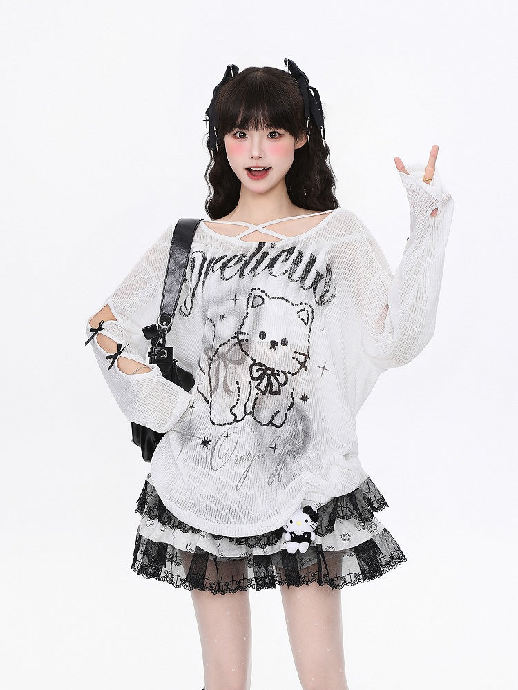 Black/White Semi-Sheer Knit Top with Cutout Sleeves and Cute Cat Print