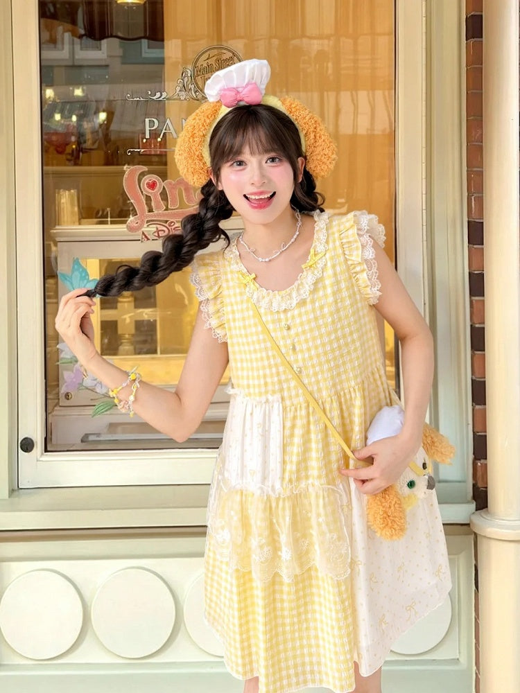Plaid Dress Tiered Yellow Patchwork Design Flutter Sleeves Sweet