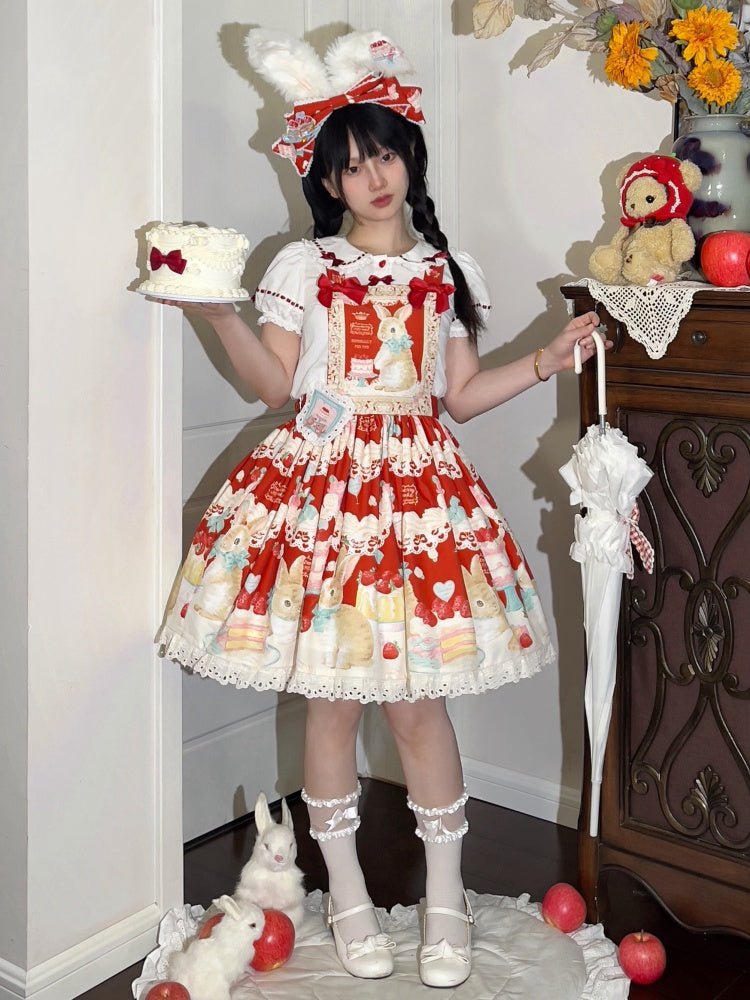 Süße Lolita-Bluse mit Puffärmeln und Herzknöpfen in Weiß und Rot