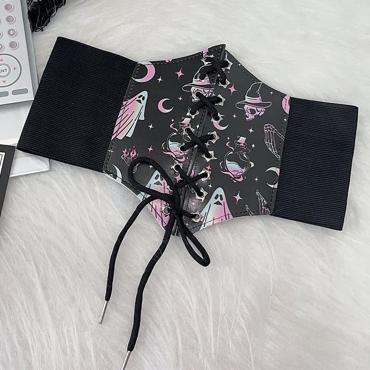 And Waist Gyaru Fashion Moon Y2K Skeleton Black Lace-up PU Print Star Ghost Belt Details
