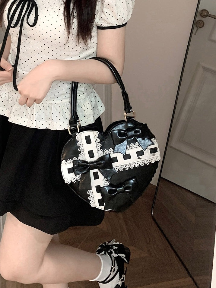 PU Hem Bow Sweet Straps Heart-shaped Hand Accents Bag Black Scalloped - Lolita