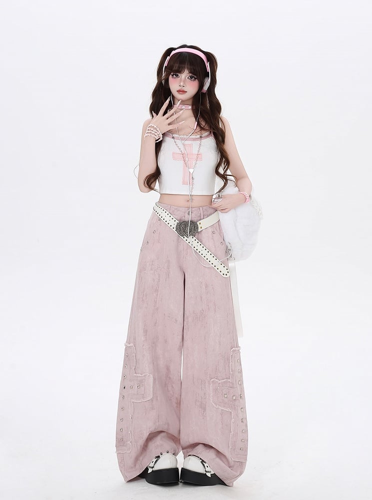 Pink Low Waist Studded Light Cross Appliques Wide-Leg Jeans