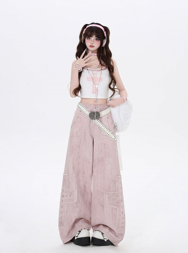 Studded Cross Appliques Wide-Leg Jeans Waist Light Pink Low